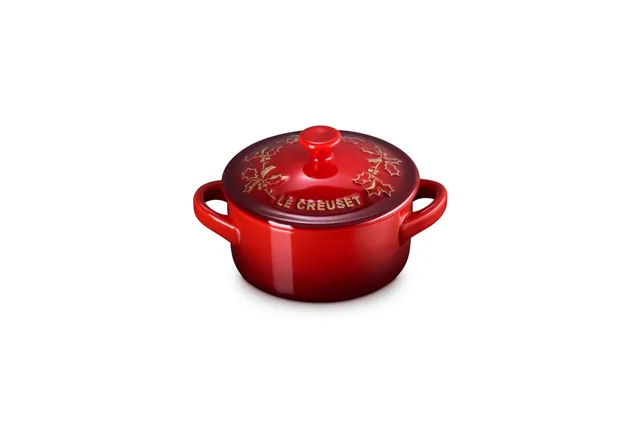 le-creuset-stoneware-holly-collection-mini-round-cocotte-8-oz-cerise-with-gold-a image 1