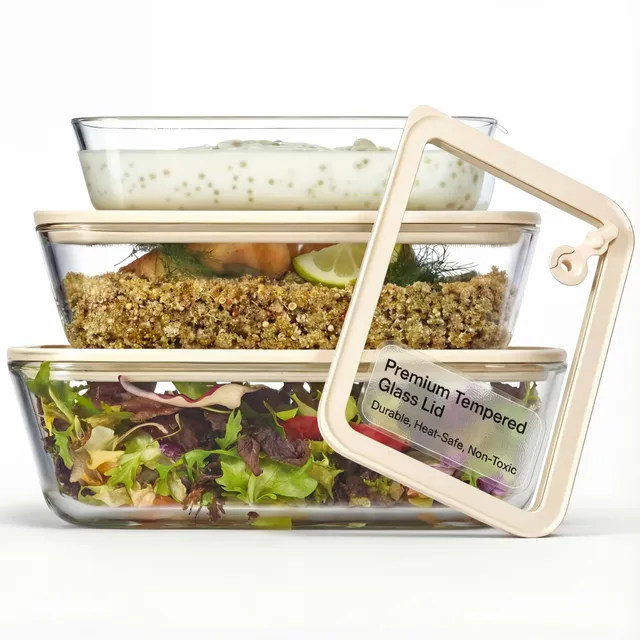 kook-glass-storage-container-set-with-lids-rectangular-clear-sand-set-of-3 image 1