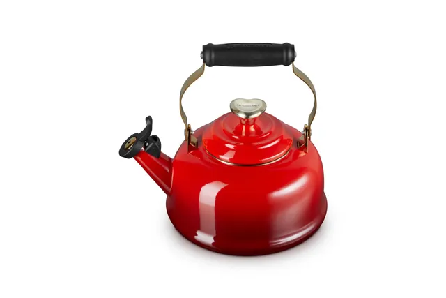 le-creuset-enamel-on-steel-whistling-tea-kettle-1-7-qt-cerise-with-light-gold-he image 1