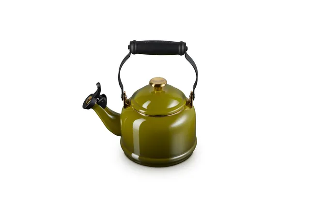 le-creuset-enamel-on-steel-demi-tea-kettle-1-25-qt-olive-whistling image 1