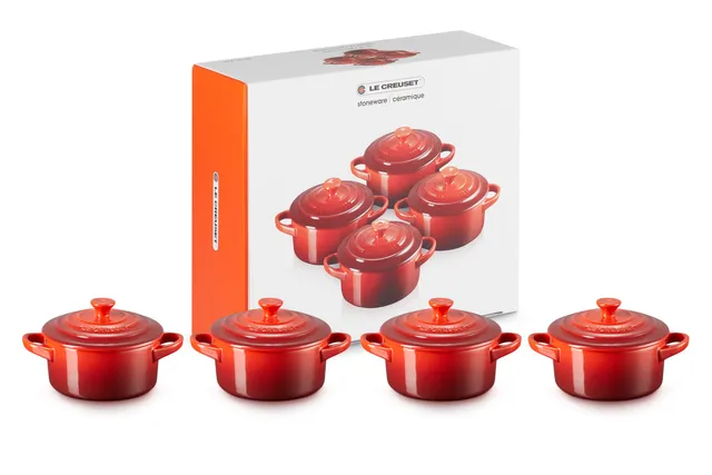 le-creuset-stoneware-set-of-4-mini-cocottes-with-cookbook-8-oz-each-cerise image 1