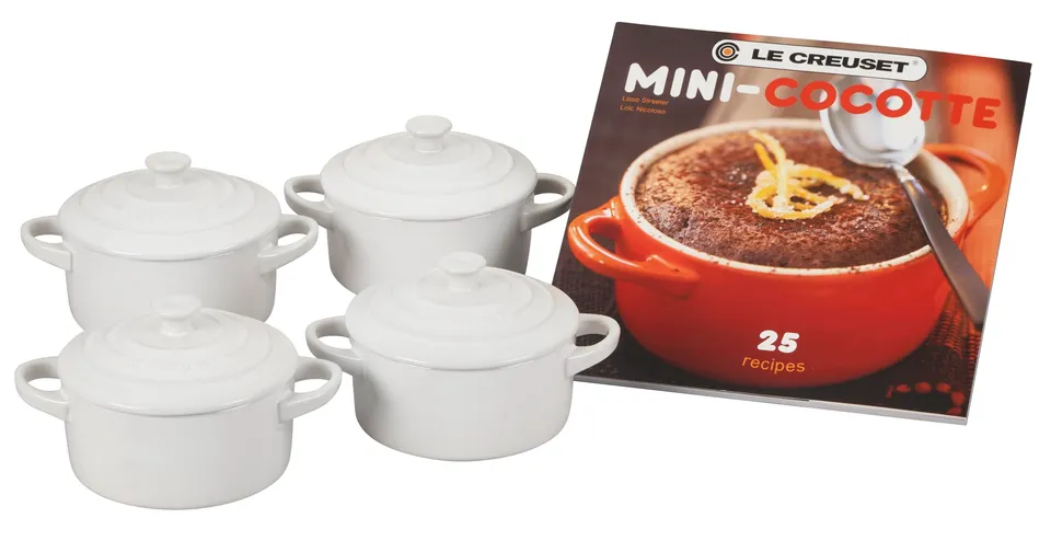 le-creuset-stoneware-set-of-4-mini-cocottes-with-cookbook-8-oz-each-white image 1