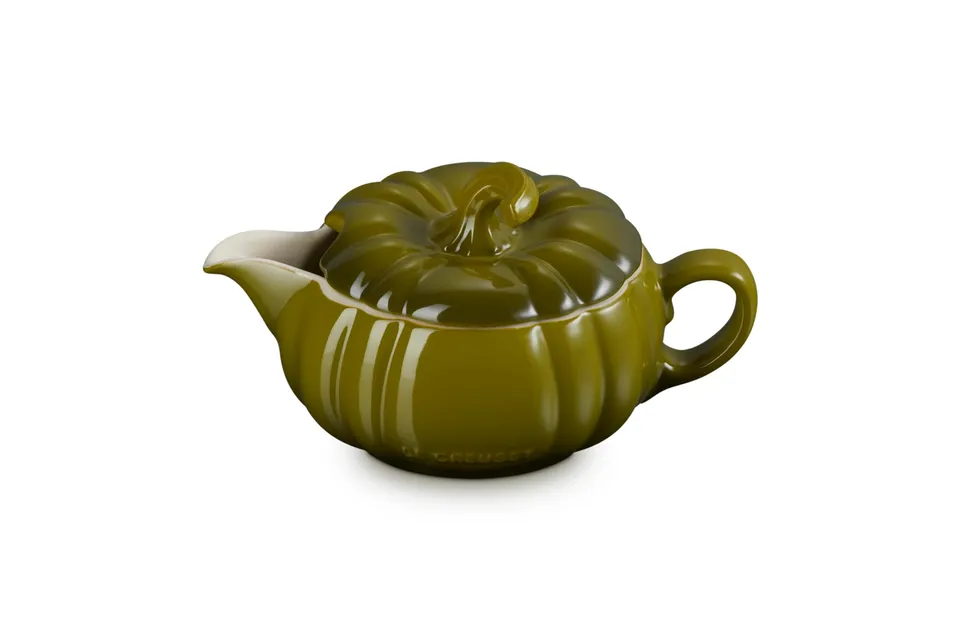 le-creuset-stoneware-pumpkin-gravy-boat-with-lid-14-oz-olive image 1