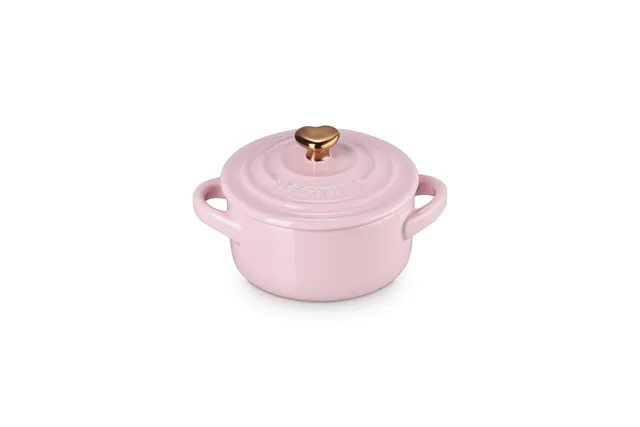 le-creuset-stoneware-mini-round-cocotte-8oz-chiffon-pink-with-gold-heart-knob image 1