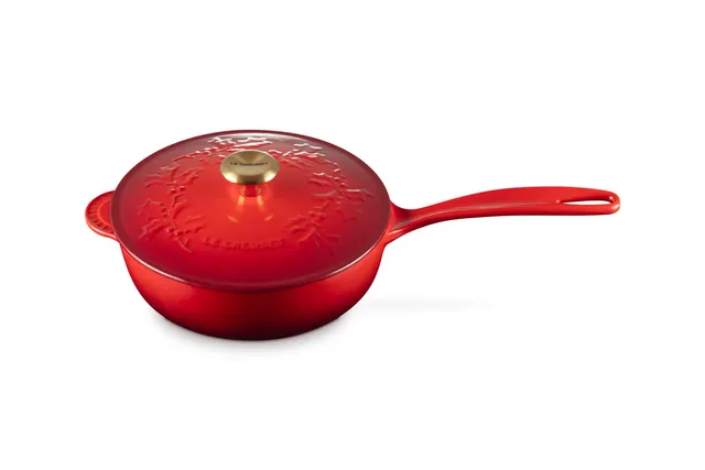 le-creuset-enameled-cast-iron-holly-collection-saucier-2-25-qt-cerise-with-gold- image 1