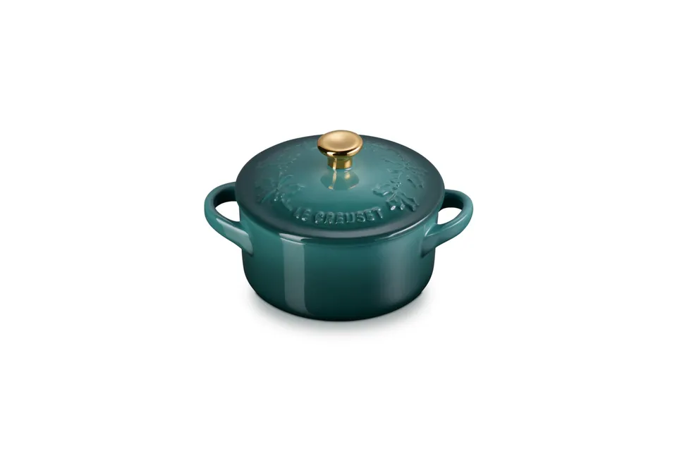 le-creuset-stoneware-holly-collection-mini-round-cocotte-8-oz-artichaut-with-gol image 1