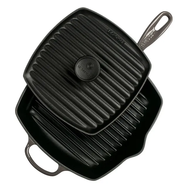 le-creuset-cast-iron-panini-press-and-signature-square-skillet-grill-set-oyster- image 1