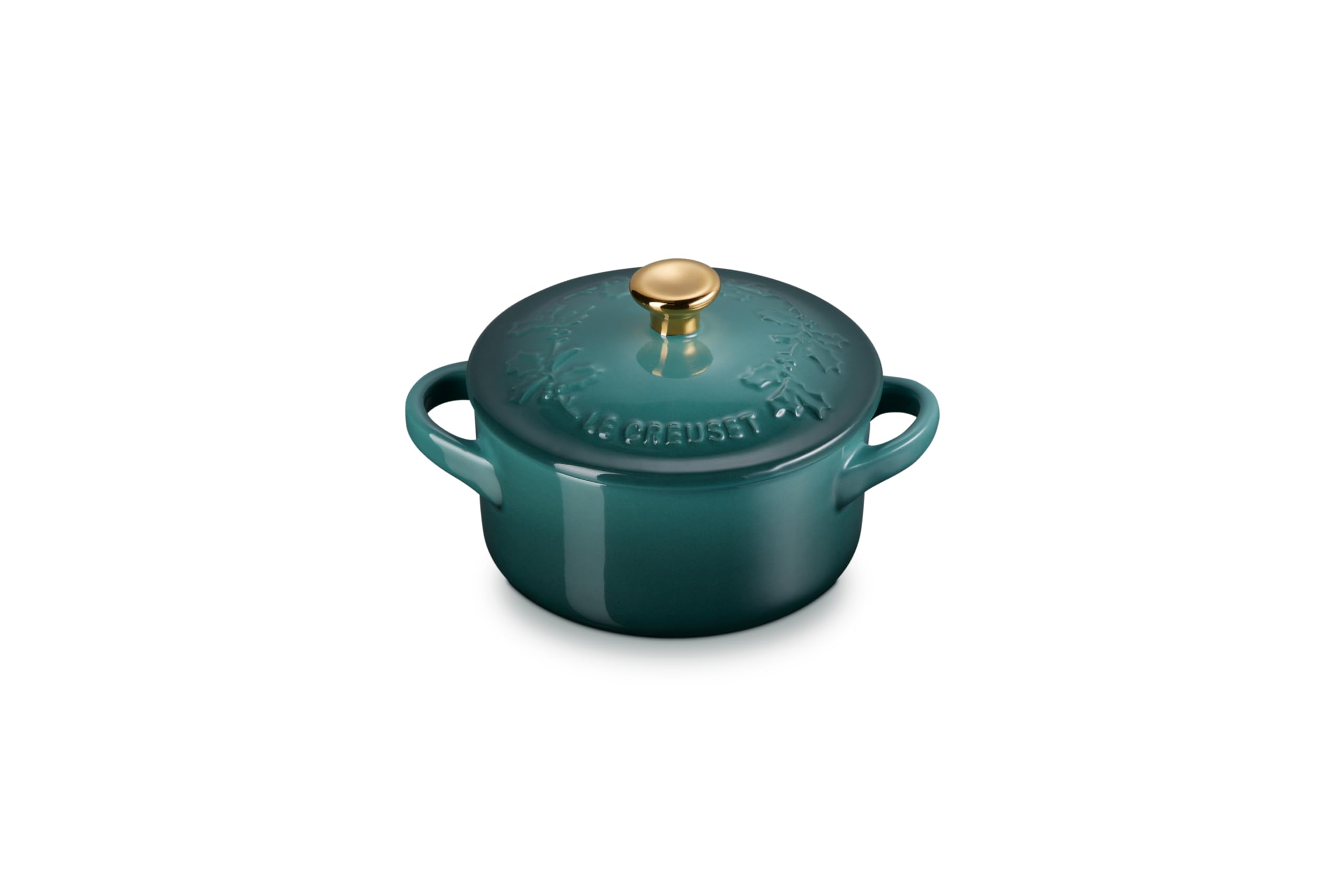 le-creuset-stoneware-holly-collection-mini-round-cocotte-8-oz-artichaut-with-gol image 1