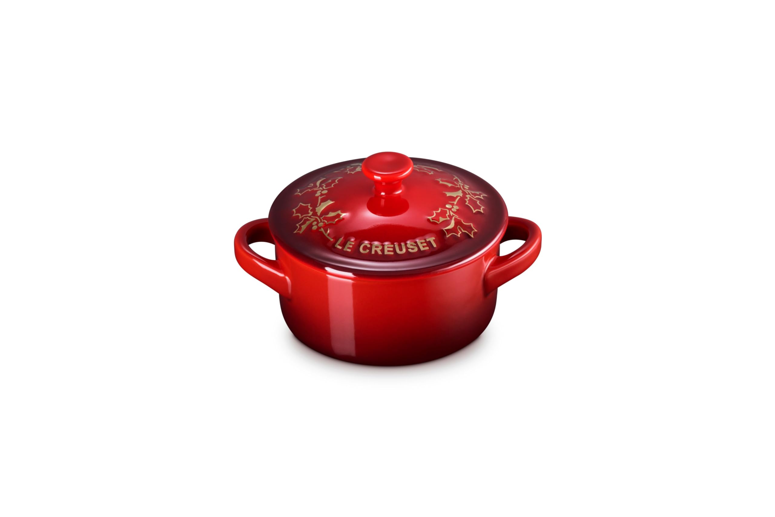 le-creuset-stoneware-holly-collection-mini-round-cocotte-8-oz-cerise-with-gold-a image 1