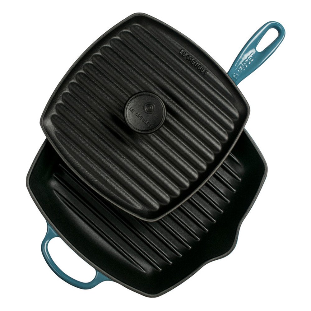 le-creuset-cast-iron-panini-press-and-signature-square-skillet-grill-set-oyster- image 2