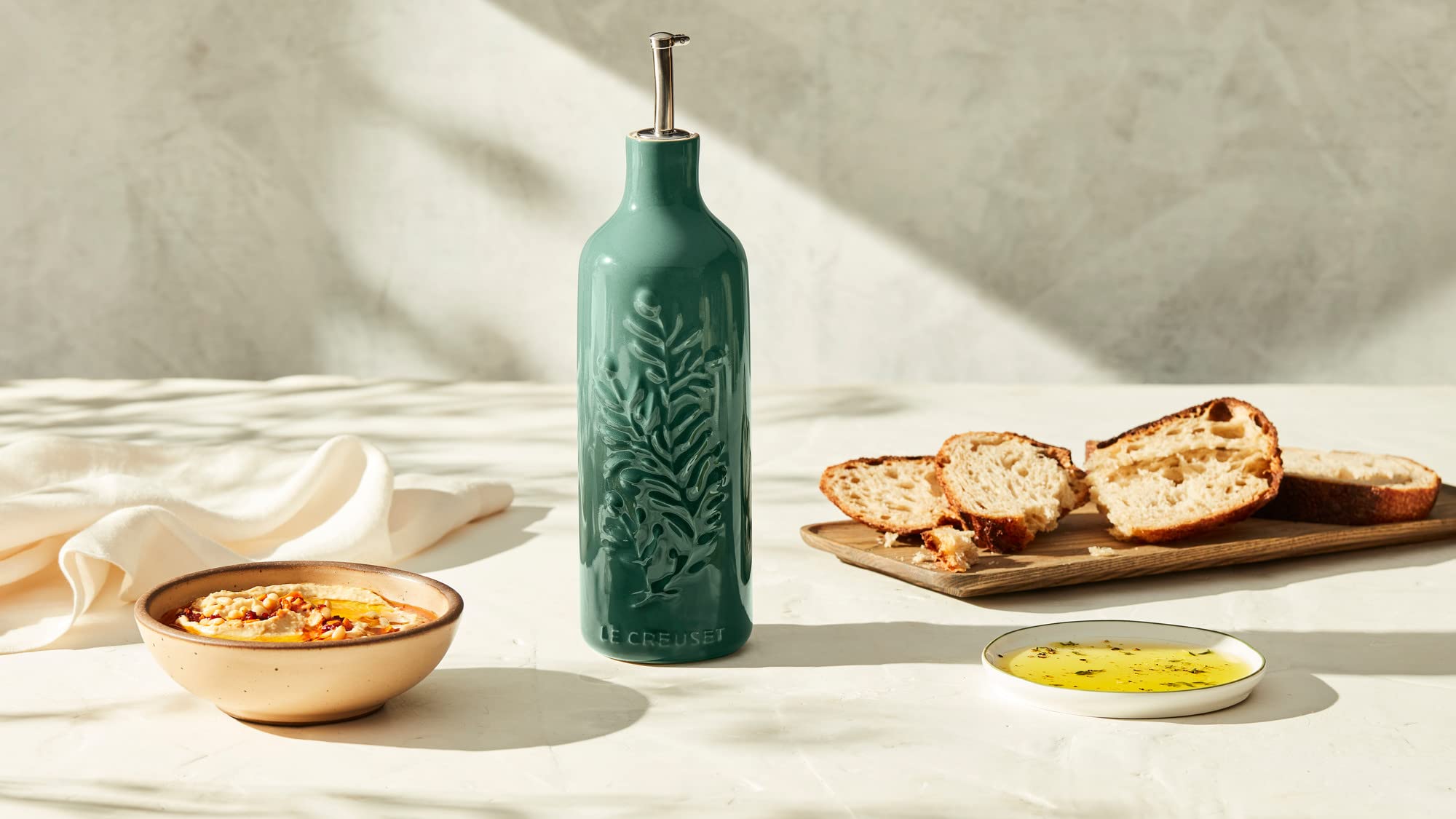 le-creuset-olive-branch-collection-stoneware-embossed-oil-cruet-9-tall-artichaut image 2