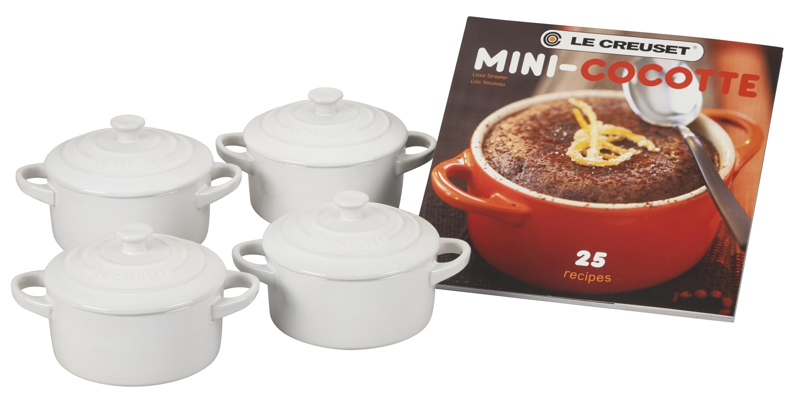 le-creuset-stoneware-set-of-4-mini-cocottes-with-cookbook-8-oz-each-white image 1