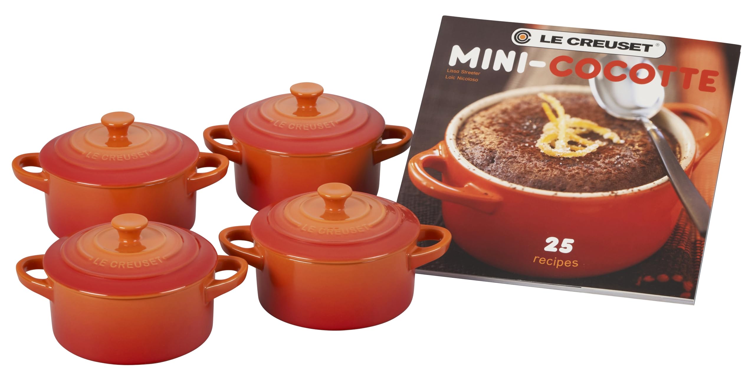 le-creuset-stoneware-set-of-4-mini-cocottes-with-cookbook-8-oz-each-flame-oven-f image 1