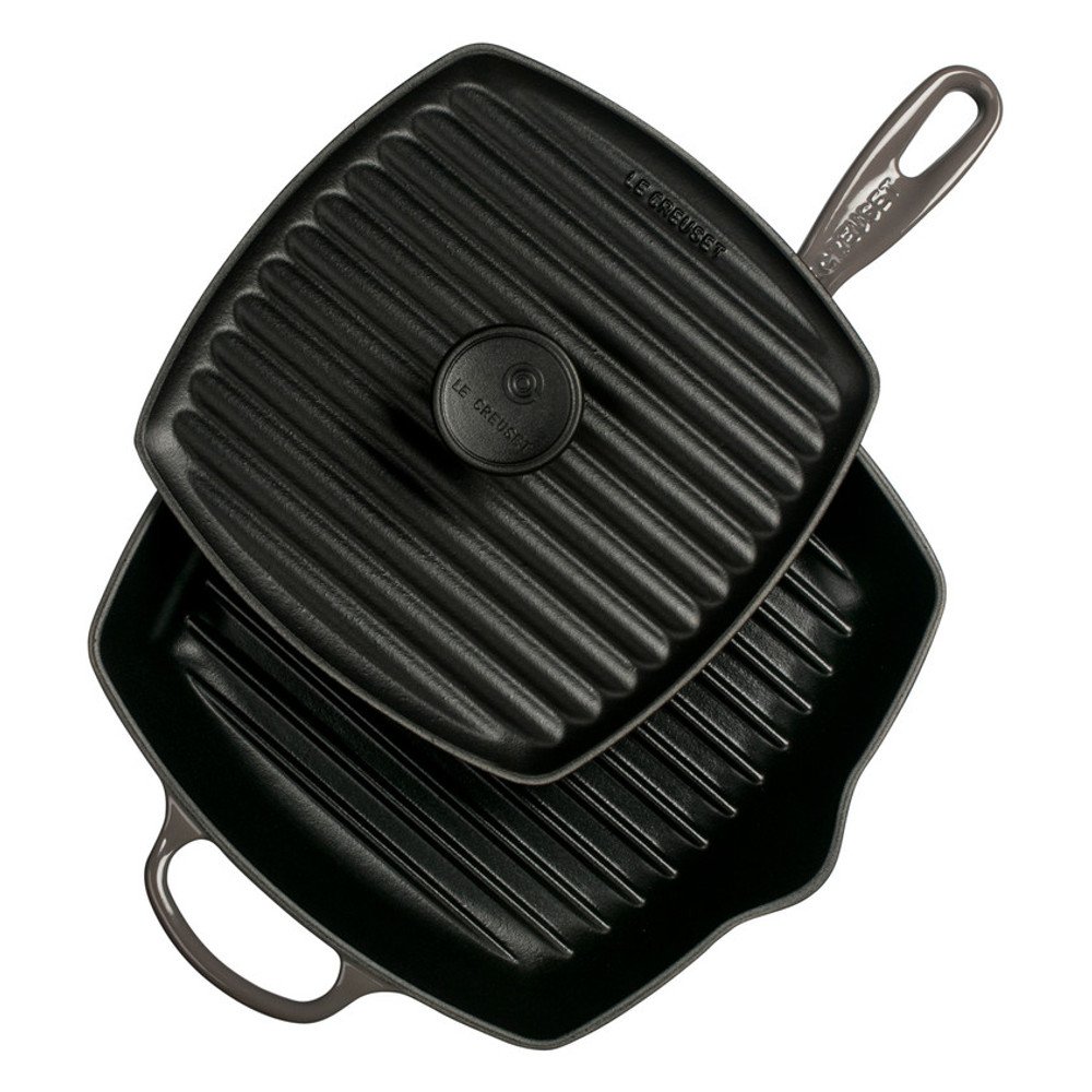 le-creuset-cast-iron-panini-press-and-signature-square-skillet-grill-set-oyster- image 1